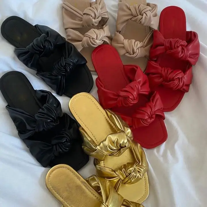 

Spring/summer new 2021 double cortex bow flat women sandals outdoor leisure all-match beach slippers