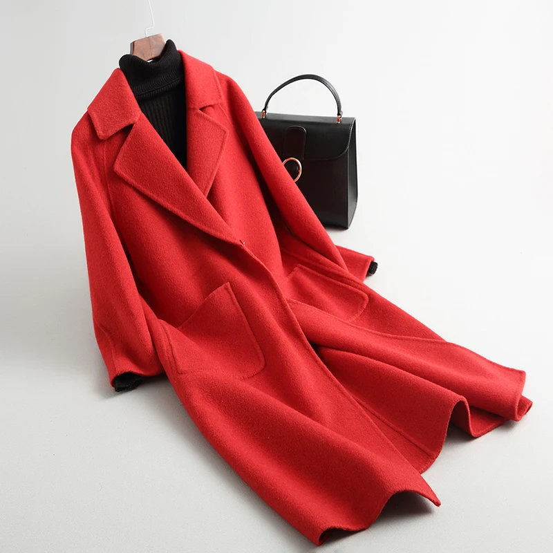 

Элегантное длинное женское Шерстяное Пальто из 100% шерсти с отворотом, 2 кармана, куртки с поясом, большие размеры, пальто свободного покроя, ...