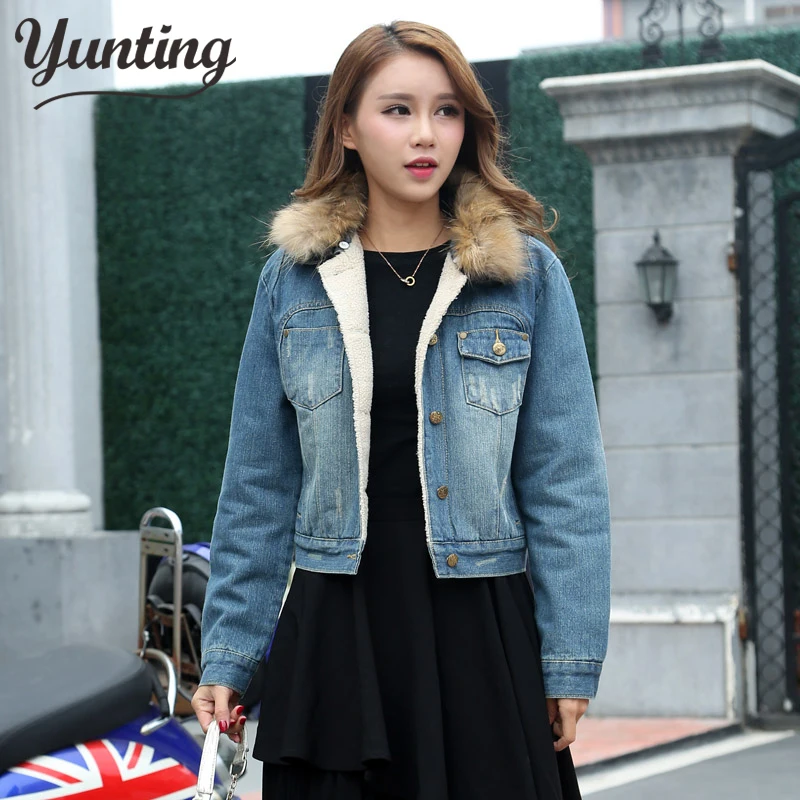 Fur Collar Cotton Coat For Women Lapel Long Sleeve Slim Thick Denim Coats Female 2021 Winter New Clothes