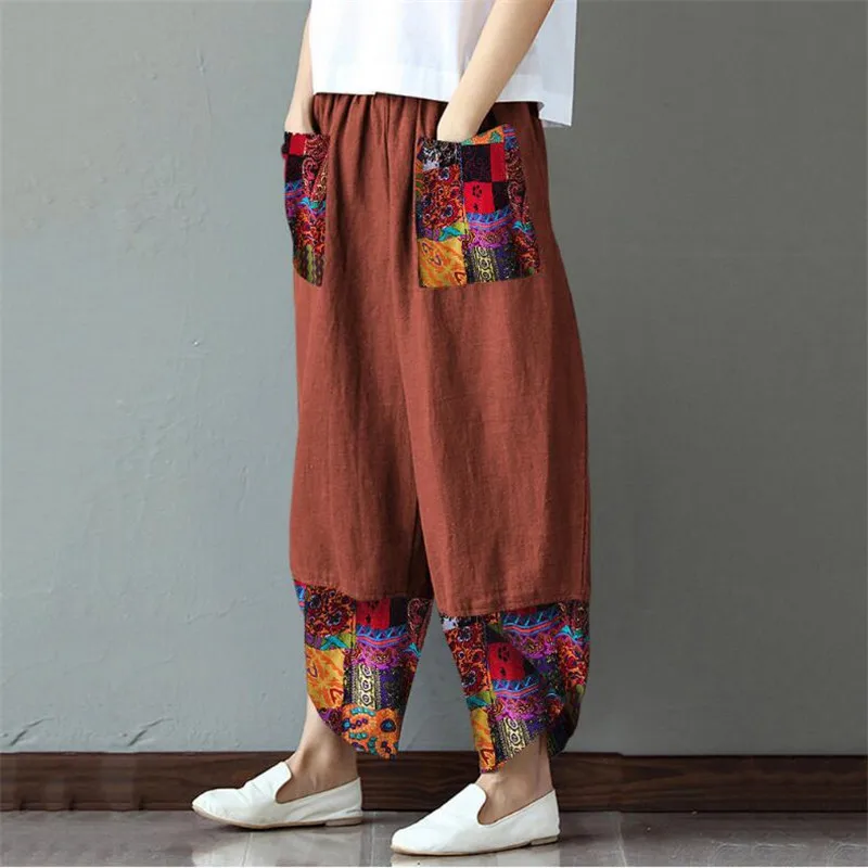 2021 European and  sk  American ladies print stitching fashion loose casual pants    1033