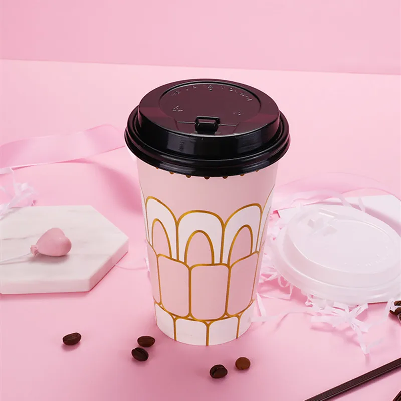 

50pcs High quality bronzing milk tea cup 500ml disposable coffe cup creative marble net red soy hot drink paper cups with lid