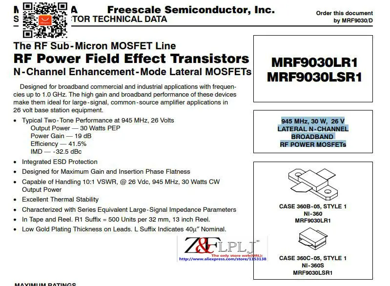 MRF9030L MRF9030LR1 MRF9030 L 945 МГц 30 Вт 26 в|transistor rf|transistor mrf |