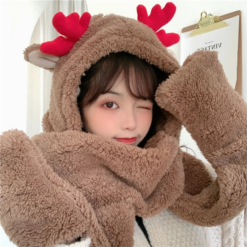 

Cute Hat Winter Warm Christmas Elk Antlers Ears Gloves Scarf Hat Women Unisex Kawaii Soft Faux Fur Beanies Caps Xmas Gifts
