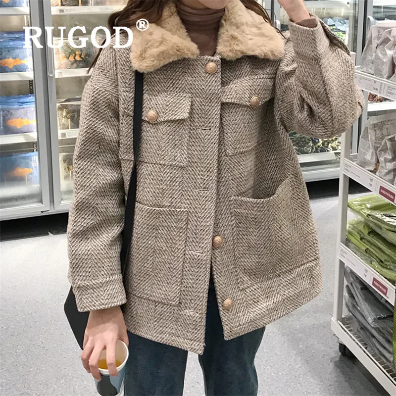 Женское зимнее пальто RUGOD однотонное теплое плотное в Корейском стиле с отложным