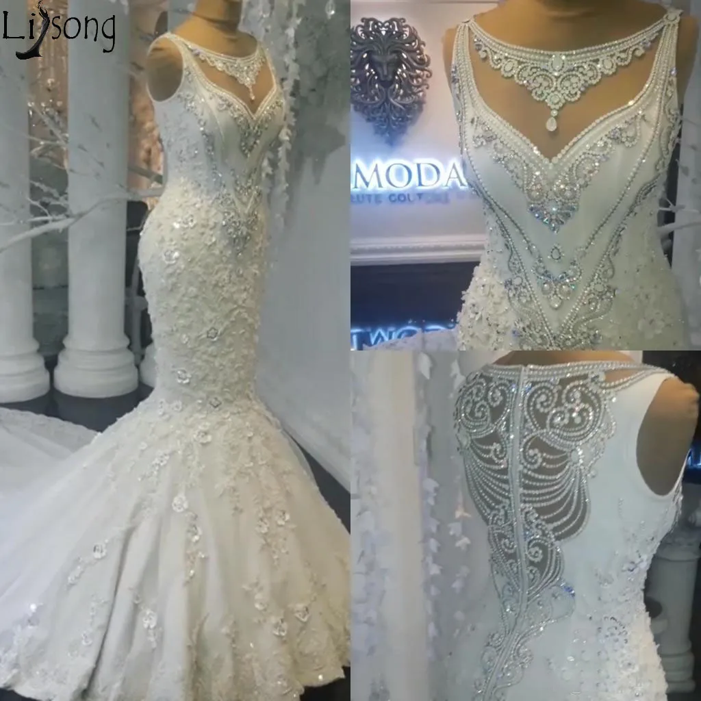

Luxury Rhinestone Crystals Wedding Dresses 3D Flowers Lace Appliqued Mermaid Wedding Bridal Gowns Long Train Country Bride Dress
