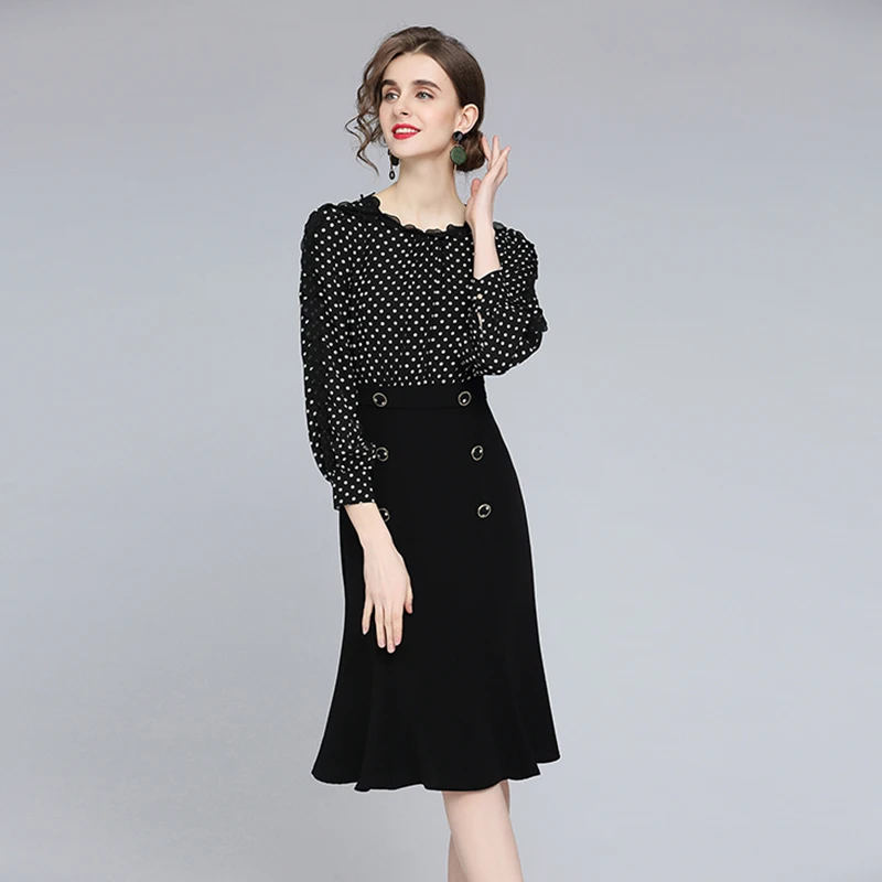 

Elegent Chic Dress Women Hepburn Style High-Waist Temperament Polka-Dot Dresses