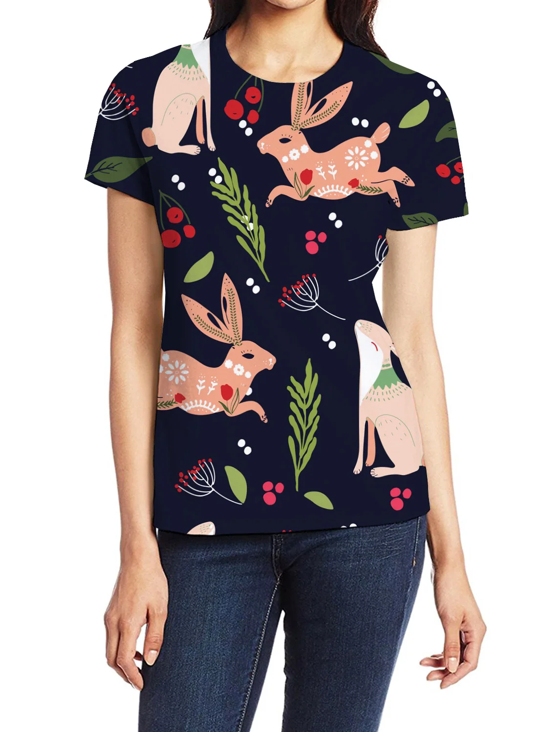 Женская футболка с рисунком пасхального кролика из полиэстера коротким рукавом