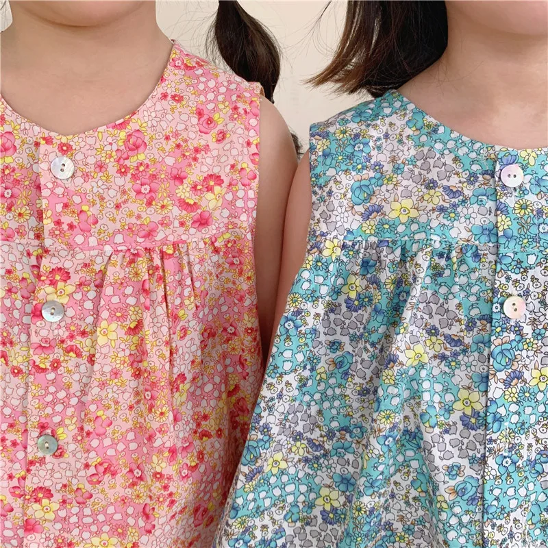 

2021 Summer New Kids Set Floral Sleeveless Tees and Solid Loose Pants Simple Casual Girls 2Pcs Suit