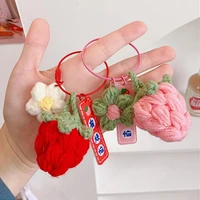 chinese lucky handmade wool knitting keyrings kawaii red strawberry keychain car keys holder bag backpack pendant girl gift