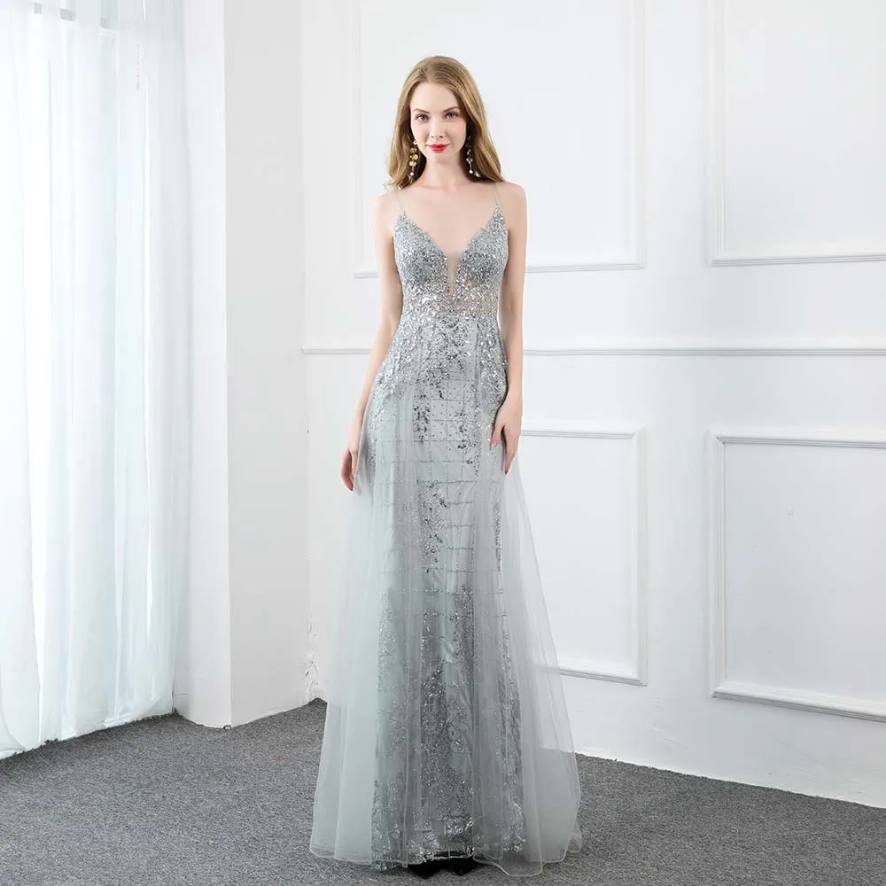 

Sexy Silver Long Glitter Prom Dresses Straps Tulle Stones Backless Formal Party Gown YQLNNECouture