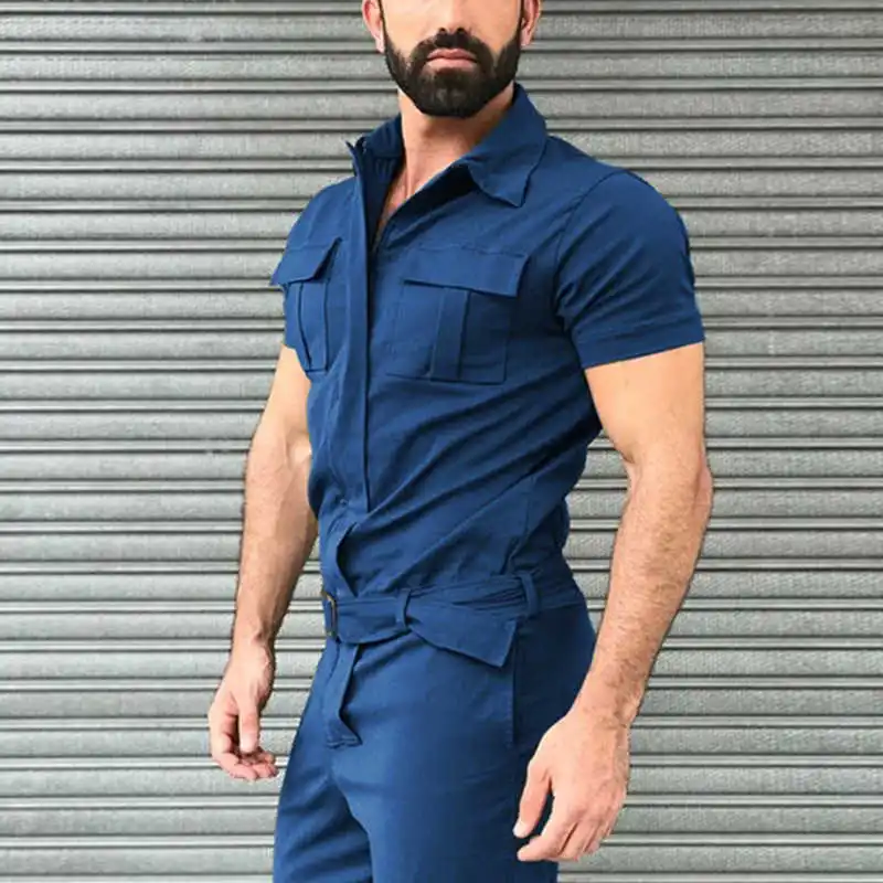 

Mens Jumpsuit Slim Fit Short Sleeve Rompers Slim Fit Streetwear Tracksuit Clothing Male Playsuits Overalls Men Pants Plus Size