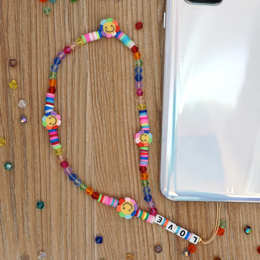 

Shinus Cell Phone Chain Smiley Face Lanyard LOVE Letter Mobile Phone Chain Strap Holder 2021 Summer Rainbow Crystal Beads Chains