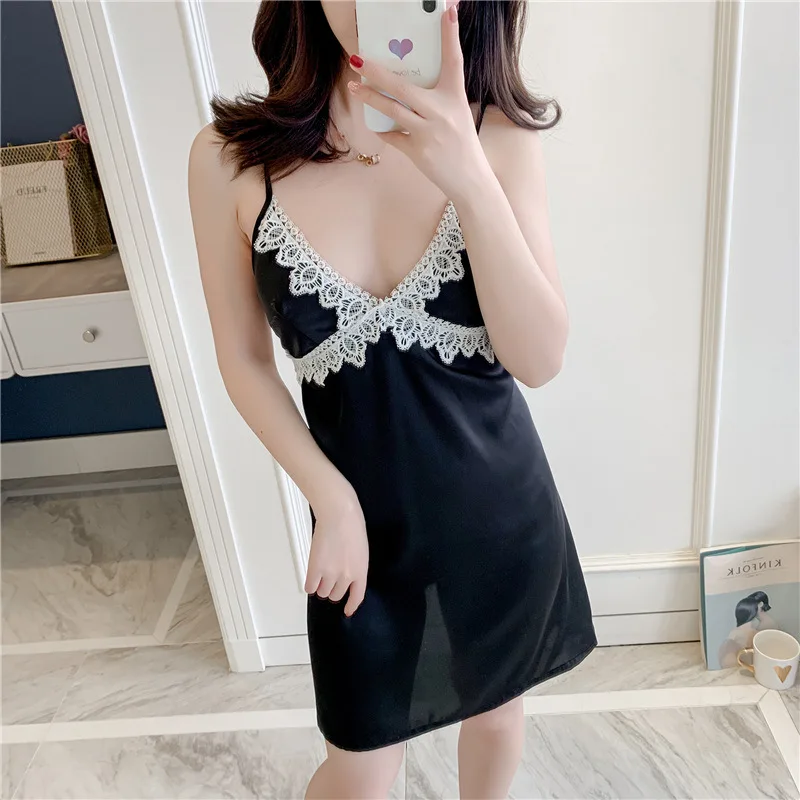 

Для женщин сексуальная ночная сорочка на бретельках с имитацией шелка, с низким вырезом на спине для льда шелка летние шорты юбка задняя Кра...