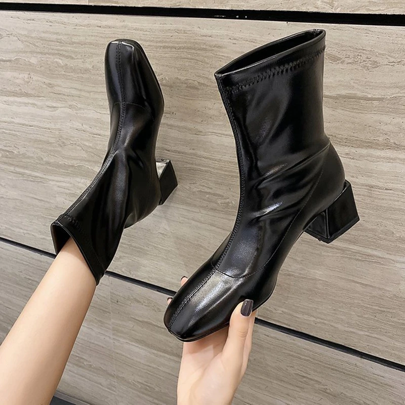 

Women's Square Toe Ankle Boots 2021 Winter Woman Sewing Solid Mid Heels Ladies Zipper Casual Shoes Female Outdoor New Footwear