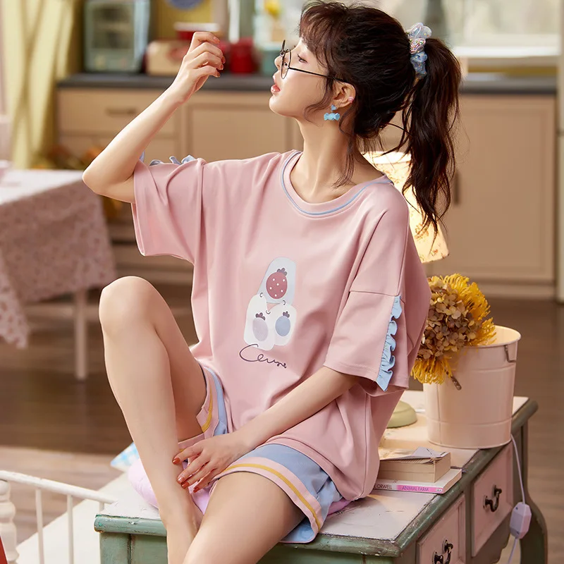 

Cute Cartoon Print Refreshing Green Top+Shorts Female Homewear Women Pajamas Sets Summer Cotton O-Neck Short Sleeve Sleepwear