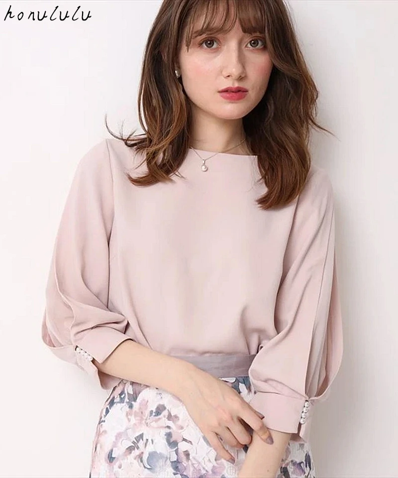 Новинка Весна 2021 японская женская Однотонная рубашка с манжетами и жемчужными