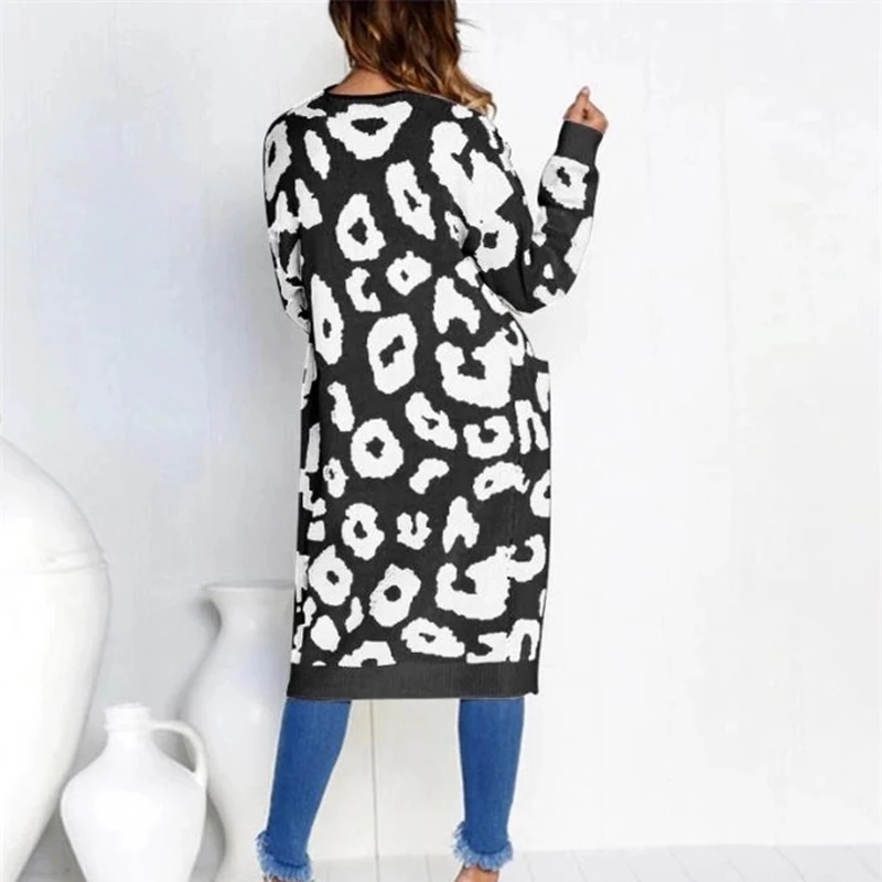 

Lucyever Fashion Leopard Women Cardigans Sweater Knit Autumn Long Sleeve Long Coat Causal Pocket Loose Female Outwear New 2021