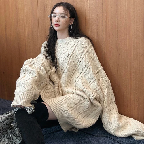 apricot pullover Woherb негабаритный свитер женский сплошной цветной фонарь длинный рукав свободный пуловер Джемпер Корейский Винтаж Мода Уличная 90860 - Цвет: apricot pullover