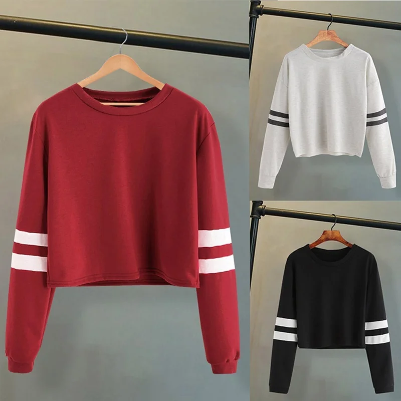 

Women Autumn Hoodded Crop Short Tops Striped Long Sleeve Sweatshirts Casual Pullovers Sweatshirt Tops Women's Clothing