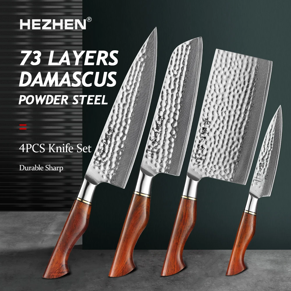 

Набор кухонных ножей HEZHEN 1-4 шт., термообработка с вакуумной и глубокой морозильной камерой, 73 слоя, поварские инструменты из дамасской стали