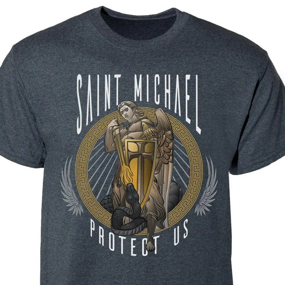 

Creative Design Archangel Saint Michael Protect Us Mens T-Shirt. Summer Cotton Short Sleeve O-Neck Unisex T Shirt New S-3XL