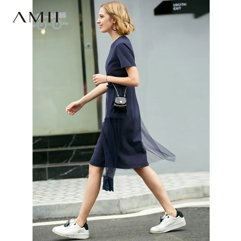 Amii летнее женское лоскутное платье повседневное однотонное кружевное с коротким