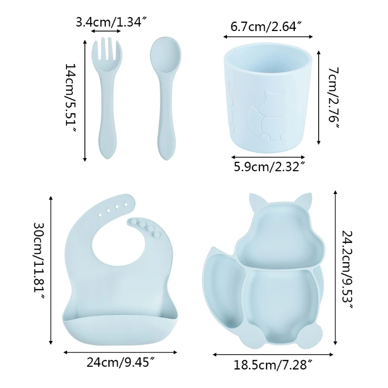 5 Pcs Baby Silicone Bib Divided Dinner Plate Spoon Fork Cup Set Training Feeding Food Utensil Dishes Tableware Kit for Newborn | Мать и