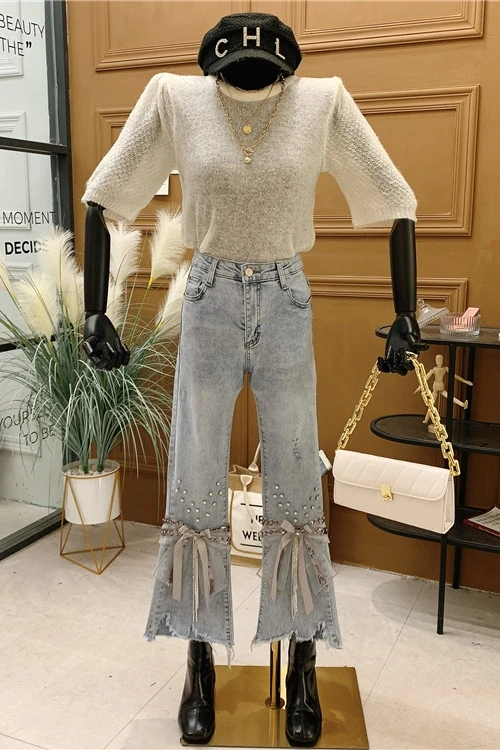 

2021spring and Summer New High Waist Women Jeans Irregular Flare Pants Female Wide Leg Light Color Denim Pants