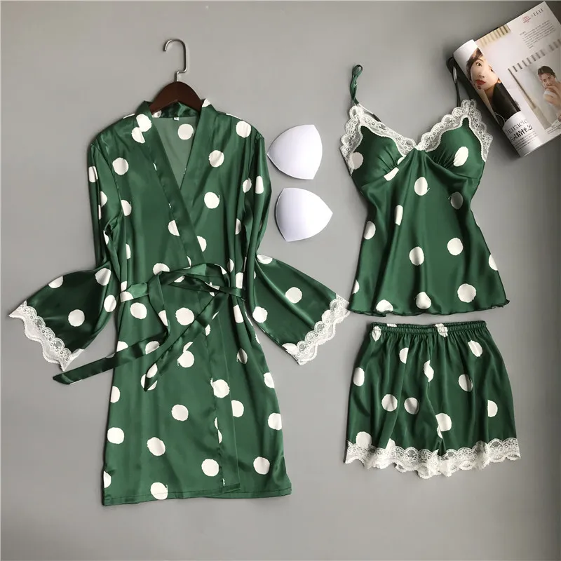 

Women 3 Pieces Dot Print Satin Pajamas Sets Sexy Lingerie Home Wear Sleepwear Pyjamas Suit Pijama