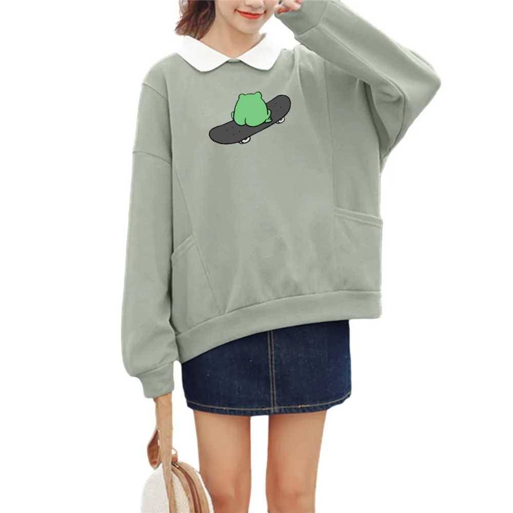 

Тонкие толстовки с отложным воротником для девочек, толстовка с капюшоном в виде милой лягушки для женщин, свитшоты, винтажный стиль, милый Свободный свитшот с воротником