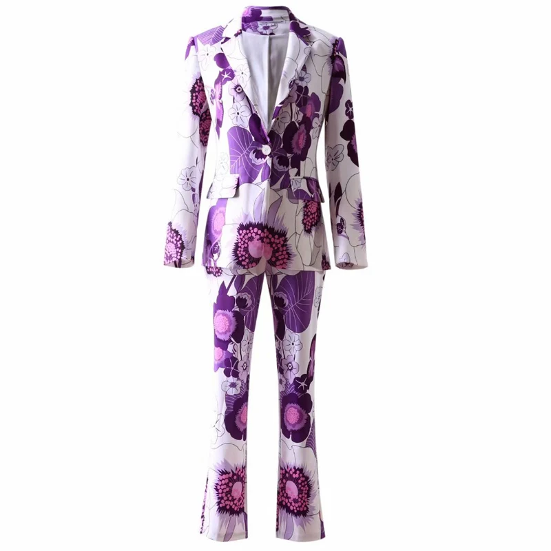 

Designer New High Quality Spring Autumn Purple Print Suit Jacket Tops Fashion Pants Vintage Elegant Party Office Women'S Set