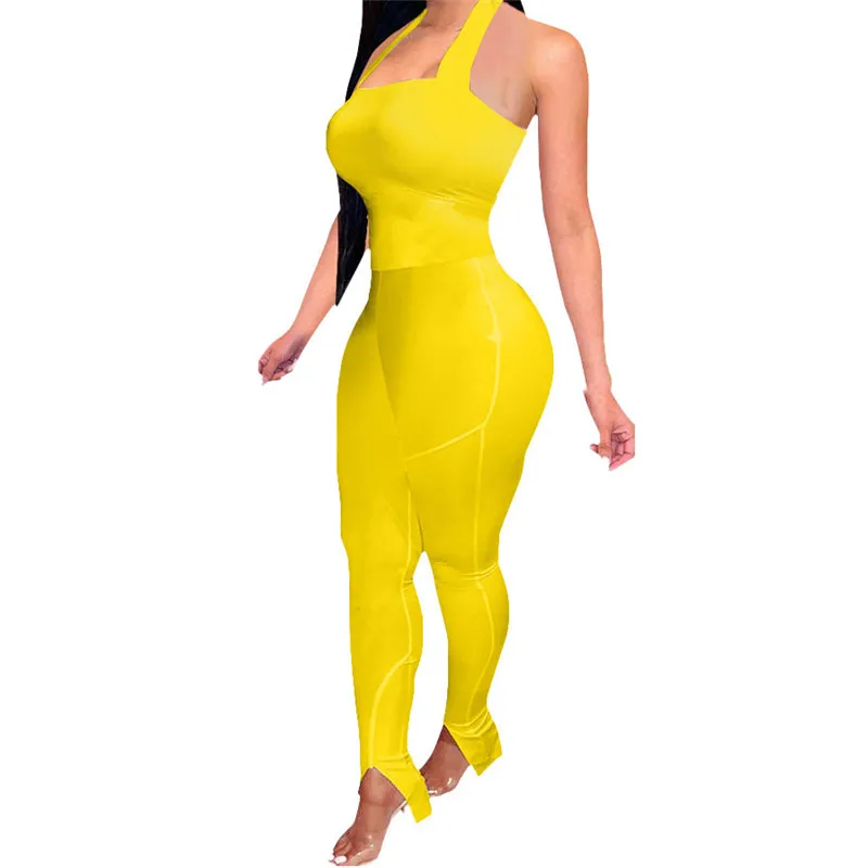 

YEYA Summer Elegant Women Jumpsuits Strapless Halter Sleeveless Skinny Split Package Hip Joggers Casual Sports Fitness Overalls