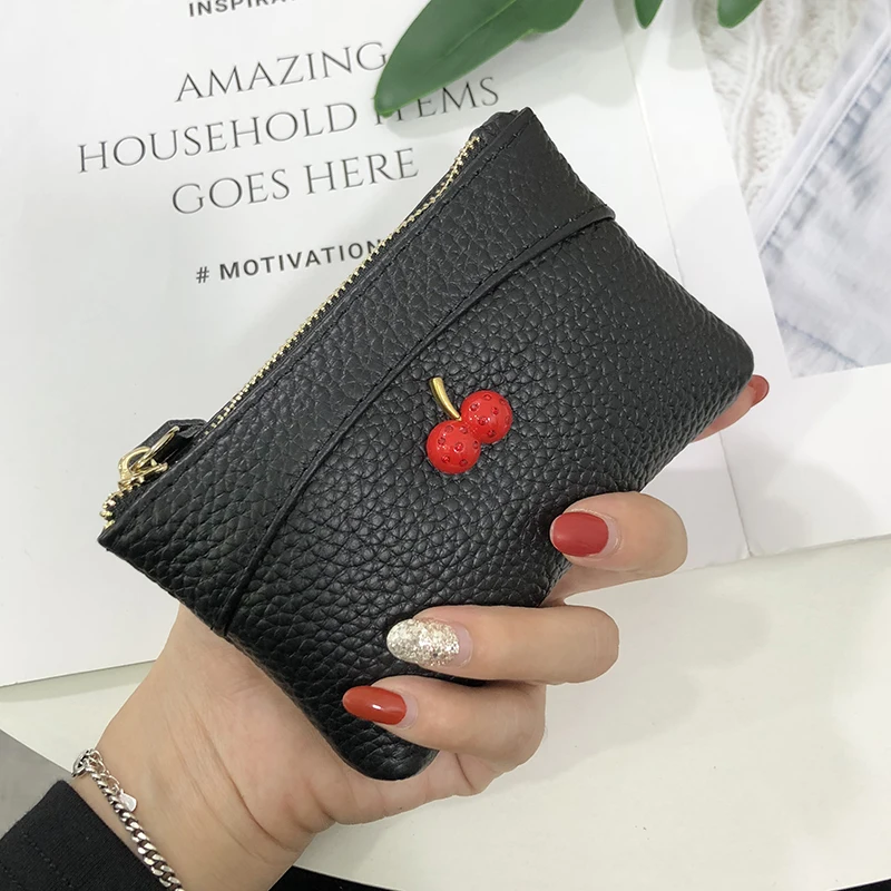 

Brand Genuine Leather Coin Purse Women Wallets New Kids Coins Pocket Mini Change Purse Lady Zipper Keychain Pouch Cute Cherry
