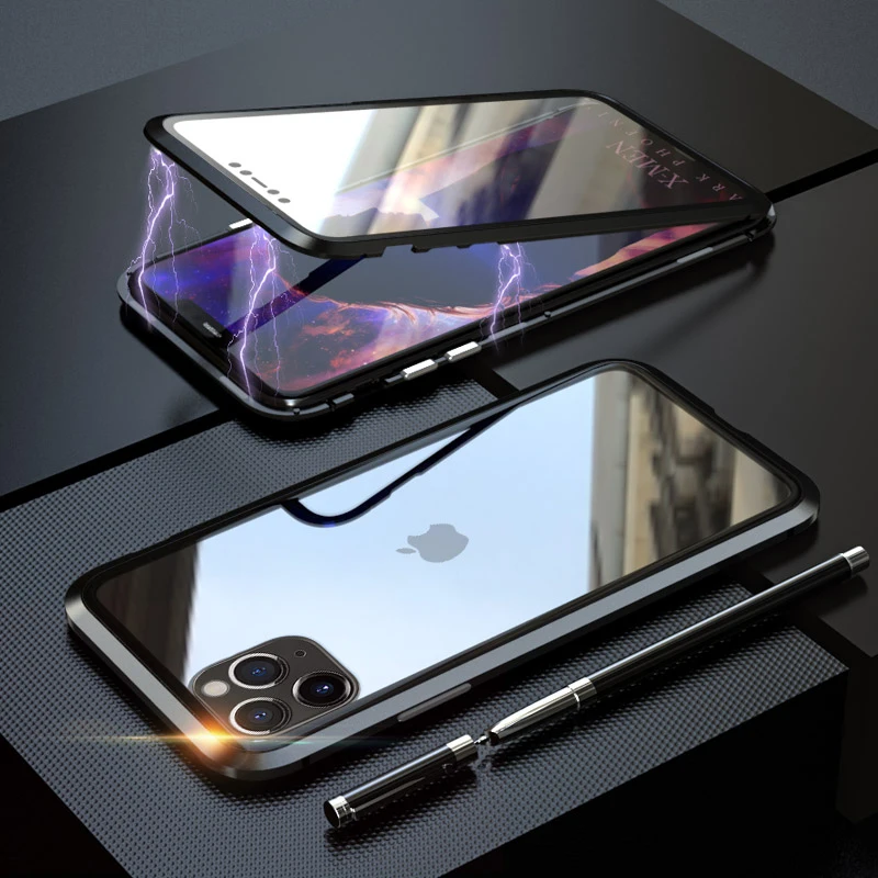 Магнитный металлический чехол 360 для iPhone 11 7 8 Plus X 10 XS Max прозрачный стеклянный Pro