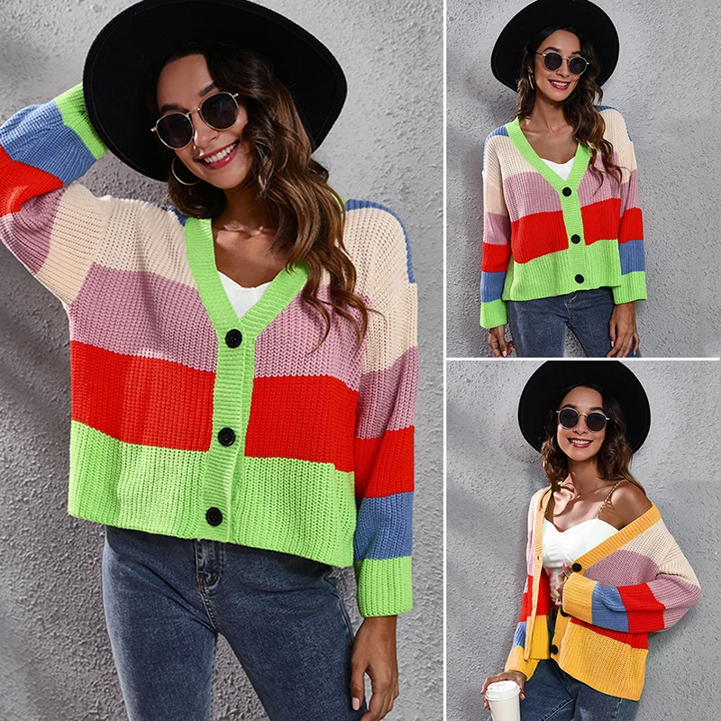 

WOHUADI Sweater Cardigan Jacket 2022 Winter Fashion Patchwork Sweater For Women Long Sleeve V-neck Loose Knitwear Short Top Coat