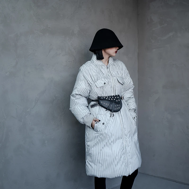 

Модная Асимметричная хлопковая одежда, женские парки оверсайз, куртка в полоску, толстая длинная хлопковая одежда высокого качества для же...