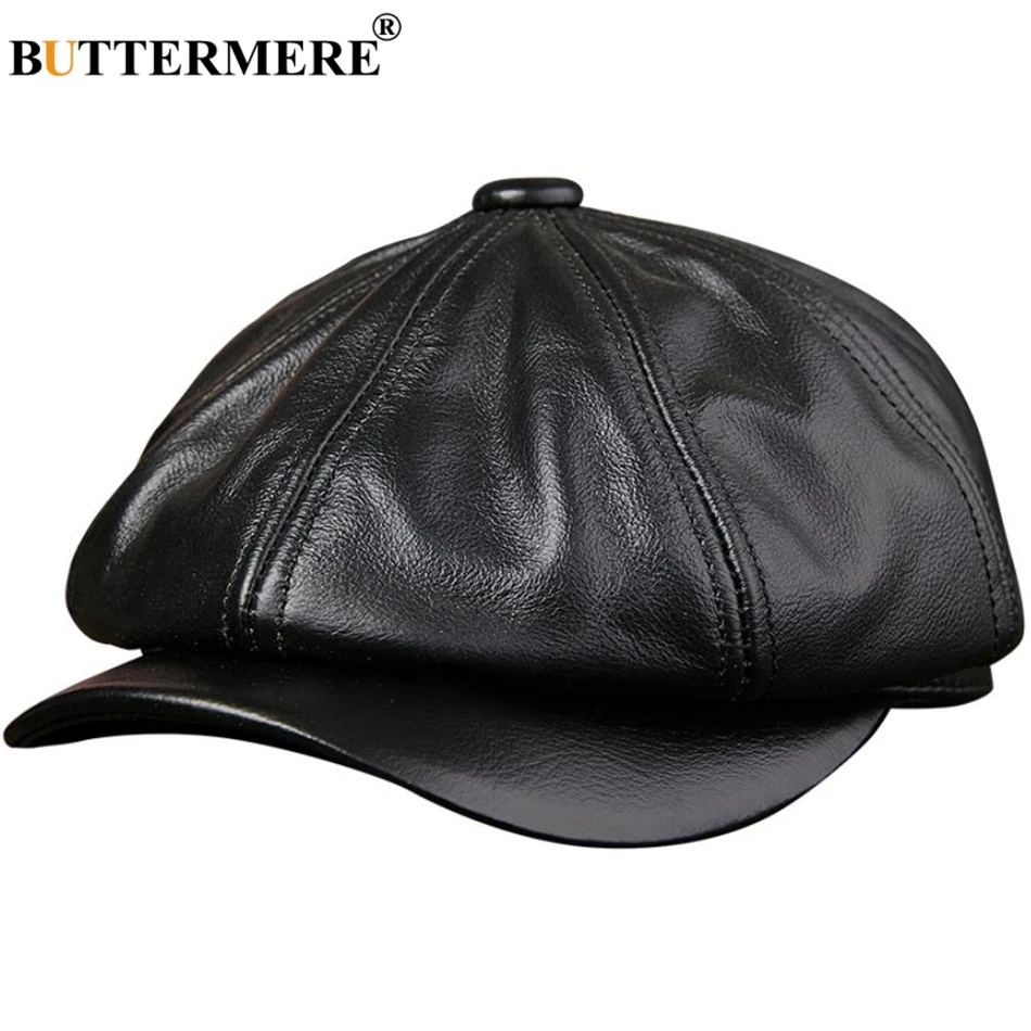 

BUTTERMERE Genuine Leather Newsboy Cap Men Real Leather Winter Hat Black Brown Vintage Brand Octagonal Cap For Men Flat Cap