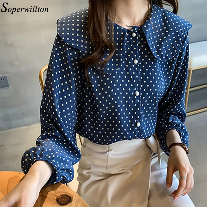 Женские блузки рубашка в горошек весна осень 2019 свободный длинный рукав