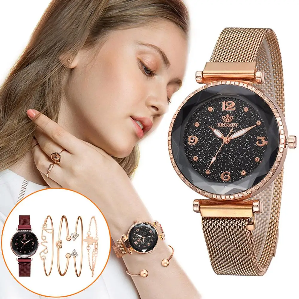 

5PC Women Watches Magnet Strap Buckle Stainless Luxury Bangle Bracelet Watch Set Quartz Wristwatch Fashion Gift Clock Relogio