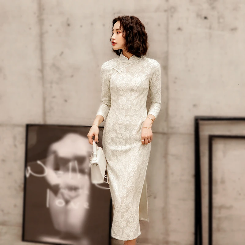 Белые кружевные платья Чонсам Sheng Coco одежда для тостов встреч с длинными рукавами