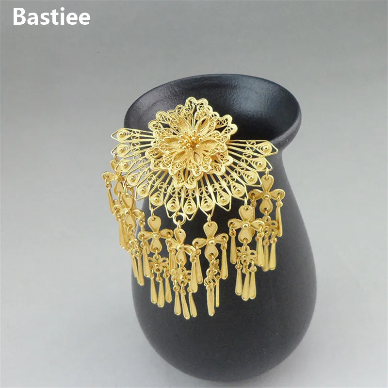 

Bastiee Vintage Bride 999 Sterling Silver Hair Fork For Women Golden Plated Tassel Hair Stick Hmong Luxury Jewelry