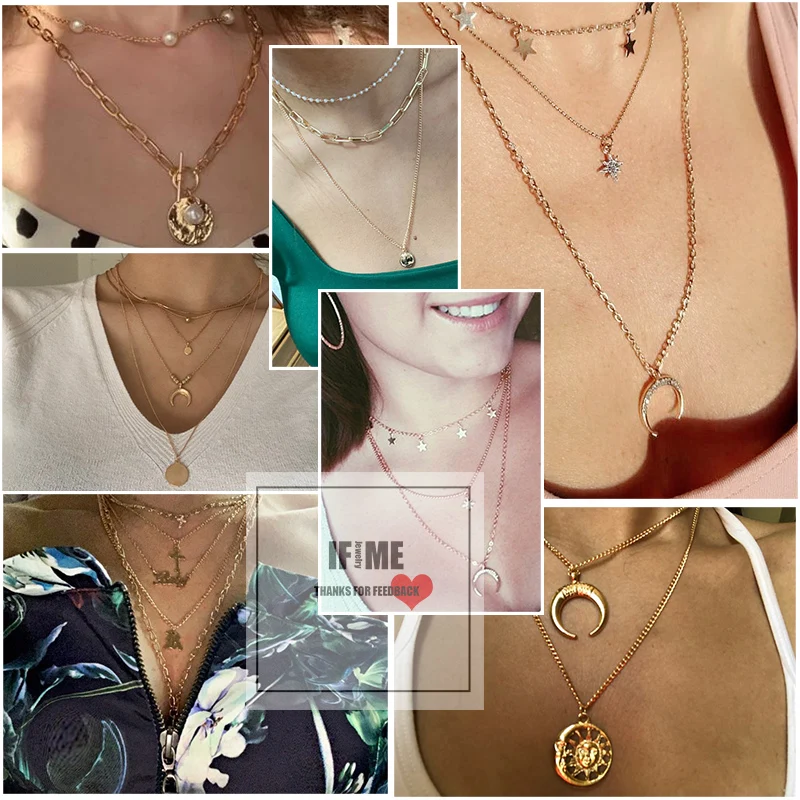

IF ME Vintage Multi Layered Necklace For Women Bohemian Coin Star Moon Geometric Chain Round Pendant Necklace Collar Jewelry New