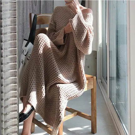 

YourSeason Winter Korean Ladies Knitting Long Sweater Dresses 2021 O Neck Long Sleeve Women Loose Casual Dress Solid Color