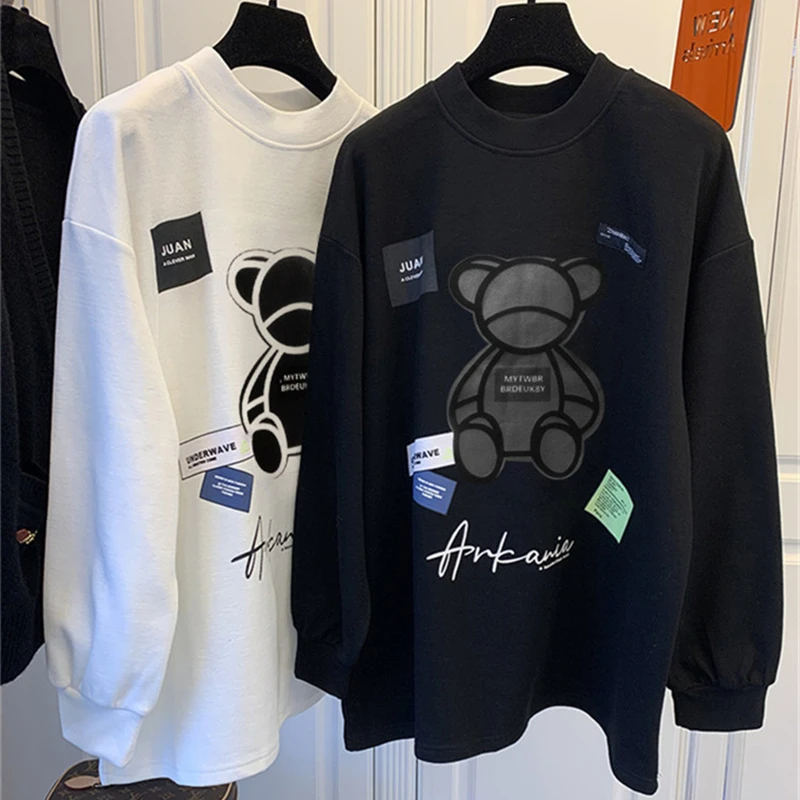 

Women's T-shirts Harajuku Girls Oversize Cotton Tops O-neck Long Sleeves Loose Autumn Tshirt Cute Bear Print White Black Tees