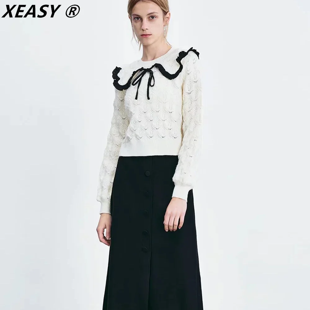 

XEASY Vintage Knitted Sweater ​Woman Solid Bow Peter pan Collar Sweater Pullover Female 2022 Long Sleeve Knitted Pulovers Top