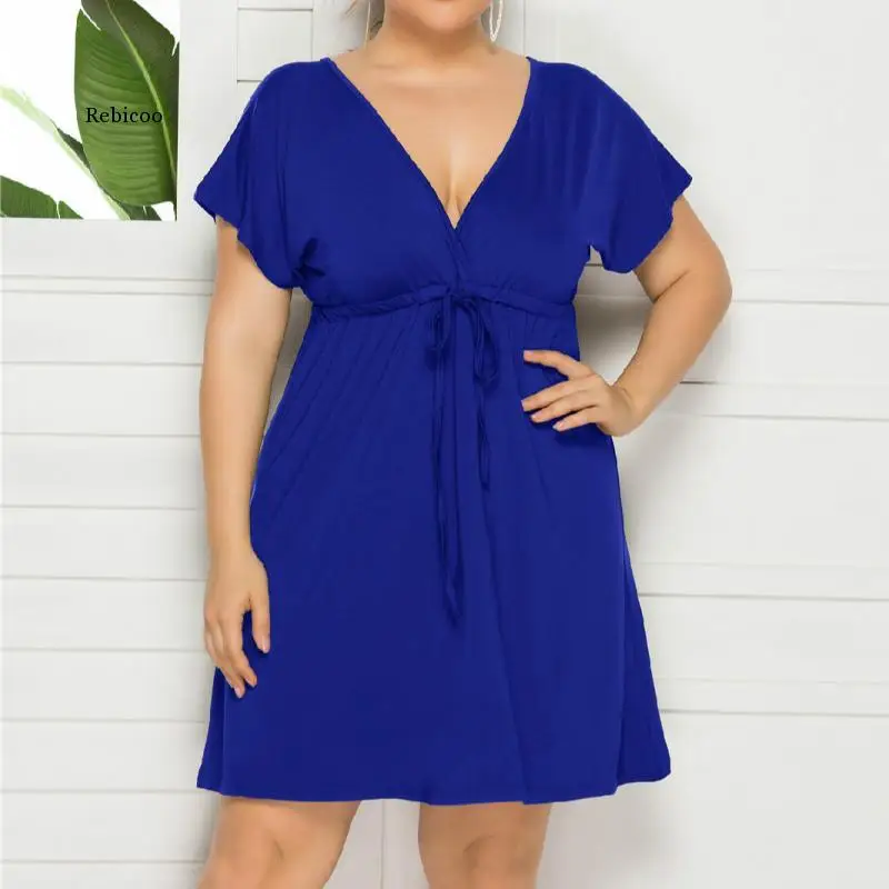 

Plus Size Dress 2021 Women Summer Beach Solid Lace-Up Dress Sexy Short Sleeve Backless Deep V-Neck Oversize Casual