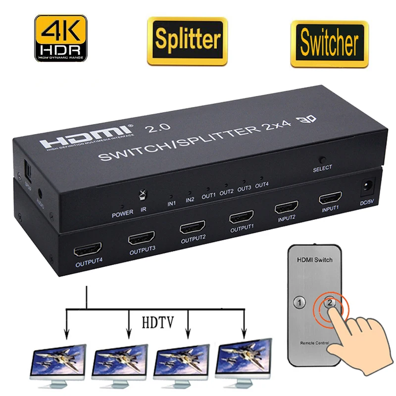 4K HDMI 2 в 4 выхода 2,0 HDMI переключатель сплиттер 2x4 SPDIF 3,5 мм аудио экстрактор конвертер адаптер дистанционное управление 3D 1080p DTS AC3