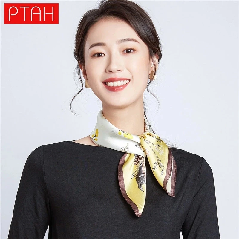 

[PTAH] 100% Mulberry Silk Scarf Sun Protection Womens Wild Banquet Lightweight Square Breathable Dots Scarf High Quality 53*53cm