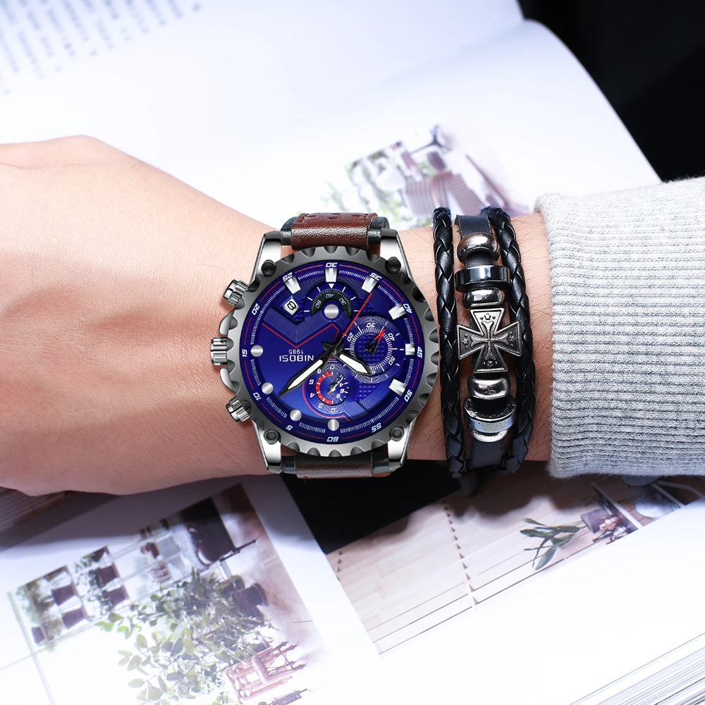 NIBOSI Top Brand Luxury Blue Mens Watches Great Lether Strap Chronograph Waterproof Quartz Business Men Watch Relogio Masculino | Наручные