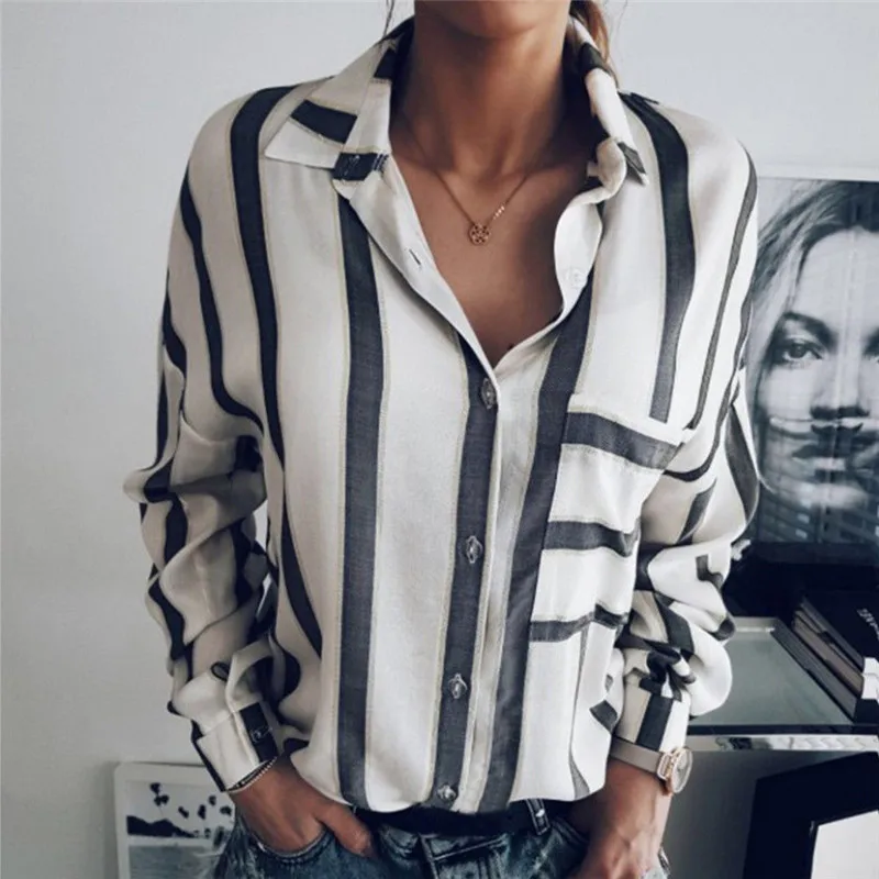 

Plus Size Blusa Summer Striped Lapel Shirt Women Blouse Ladies Loose Casual Chiffon Tops Women Blouse